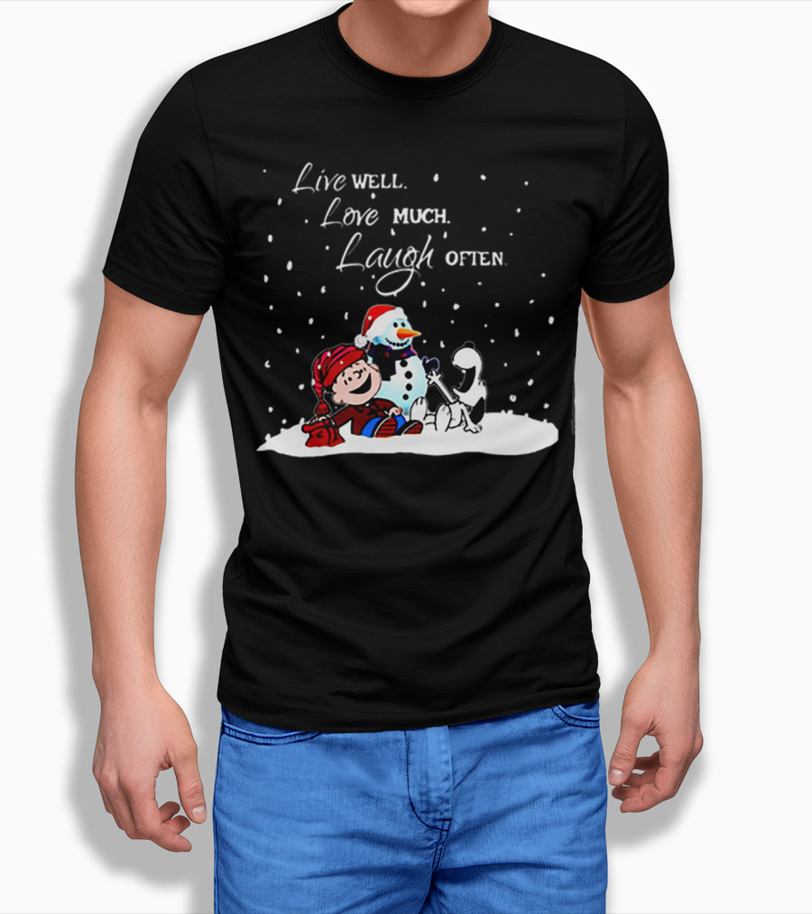 Snoopy Charlie Brown Live Well Love Much Laugh Often Winter Snowman Scene T-Shirt