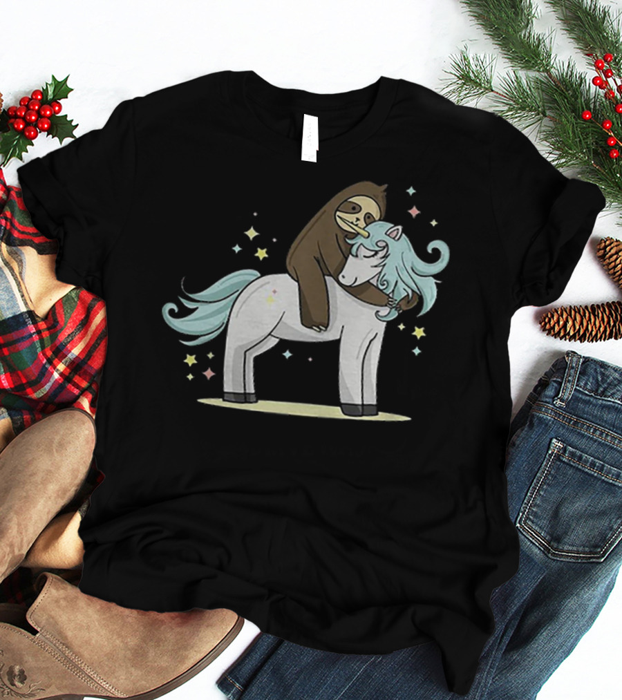 Sloth Hugging Magical Unicorn Surrounded By Sparkling Stars T-Shirt