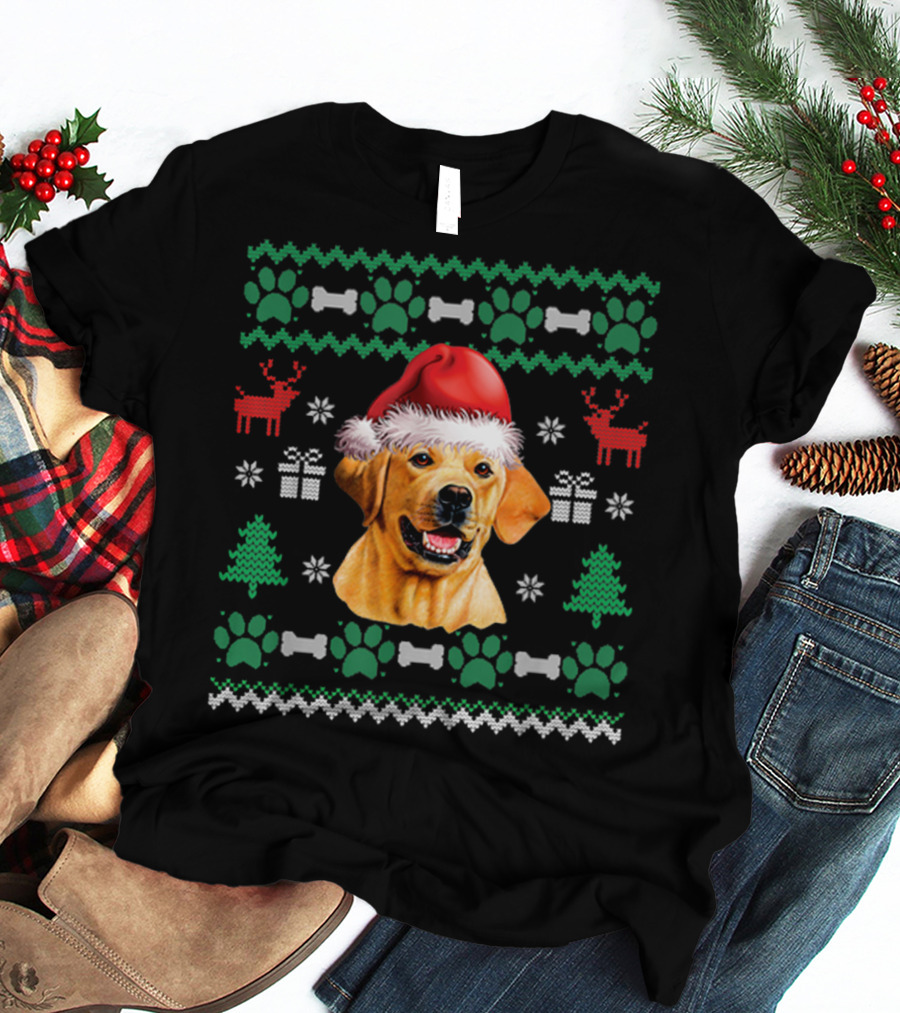 Labrador Santa Hat Christmas Ugly Sweater Dog Reindeer Paw Print Gift T-Shirt