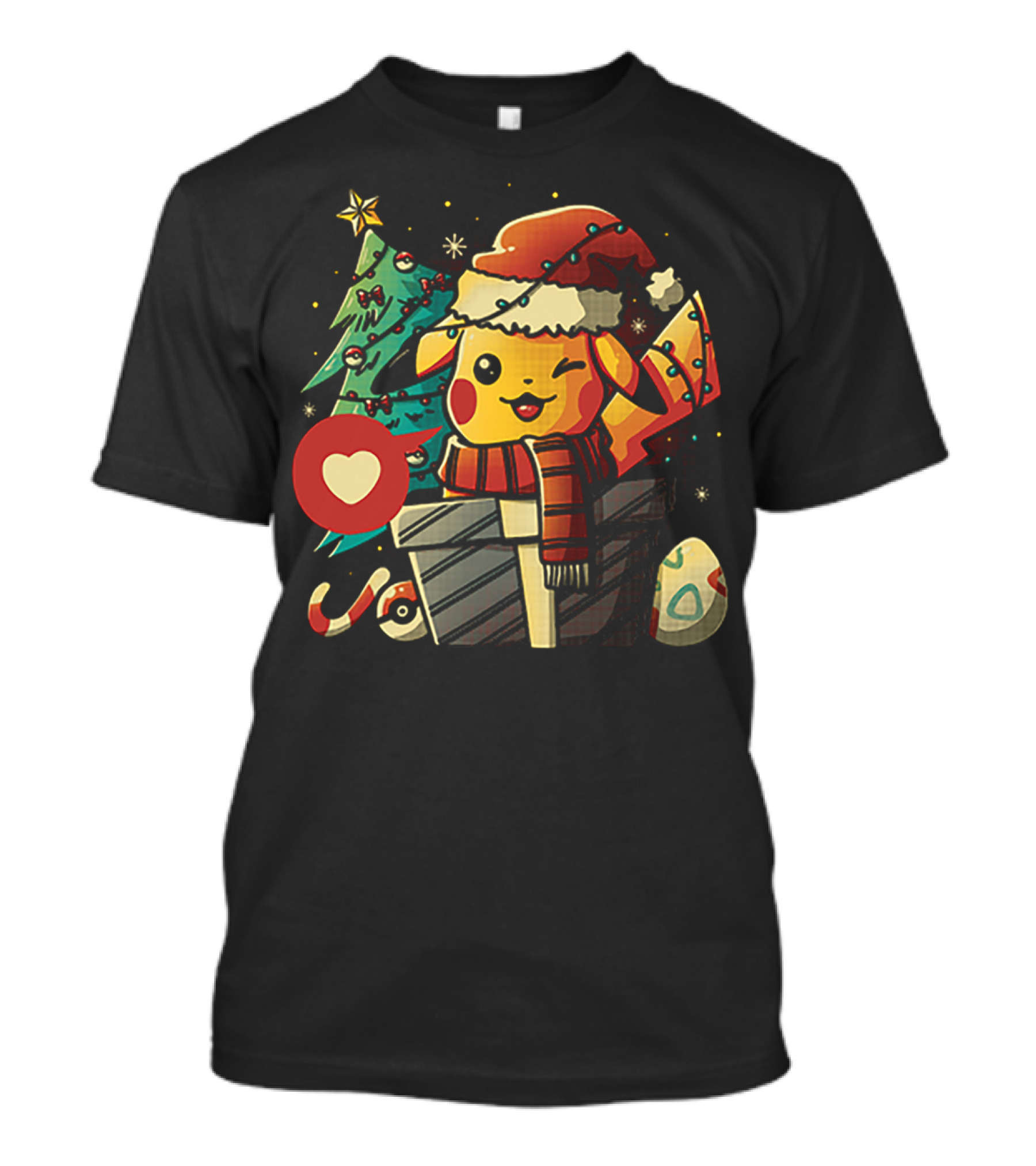 Pikachu In Santa Hat With Electric Christmas Tree And Candy Cane T-Shirt
