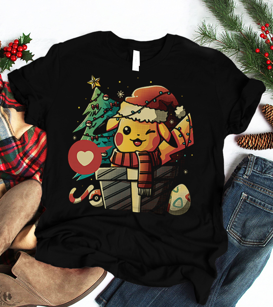 Pikachu In Santa Hat With Electric Christmas Tree And Candy Cane T-Shirt