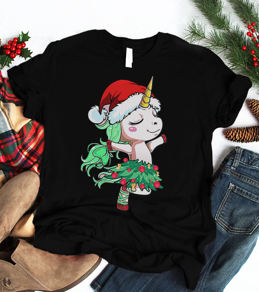 Santa Unicorn Christmas Tree Festive Dance T-Shirt