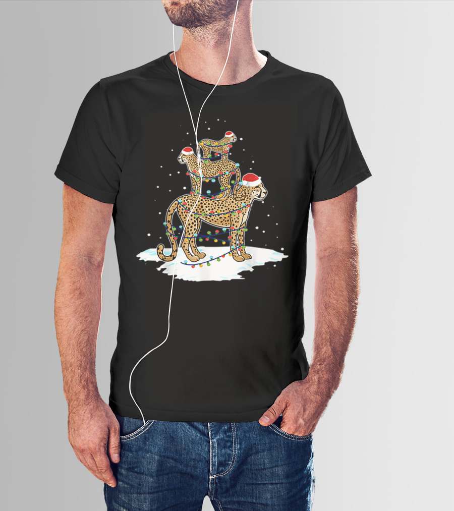 Cheetah Santa Christmas Tree With Festive Lights And Snowflakes T-Shirt