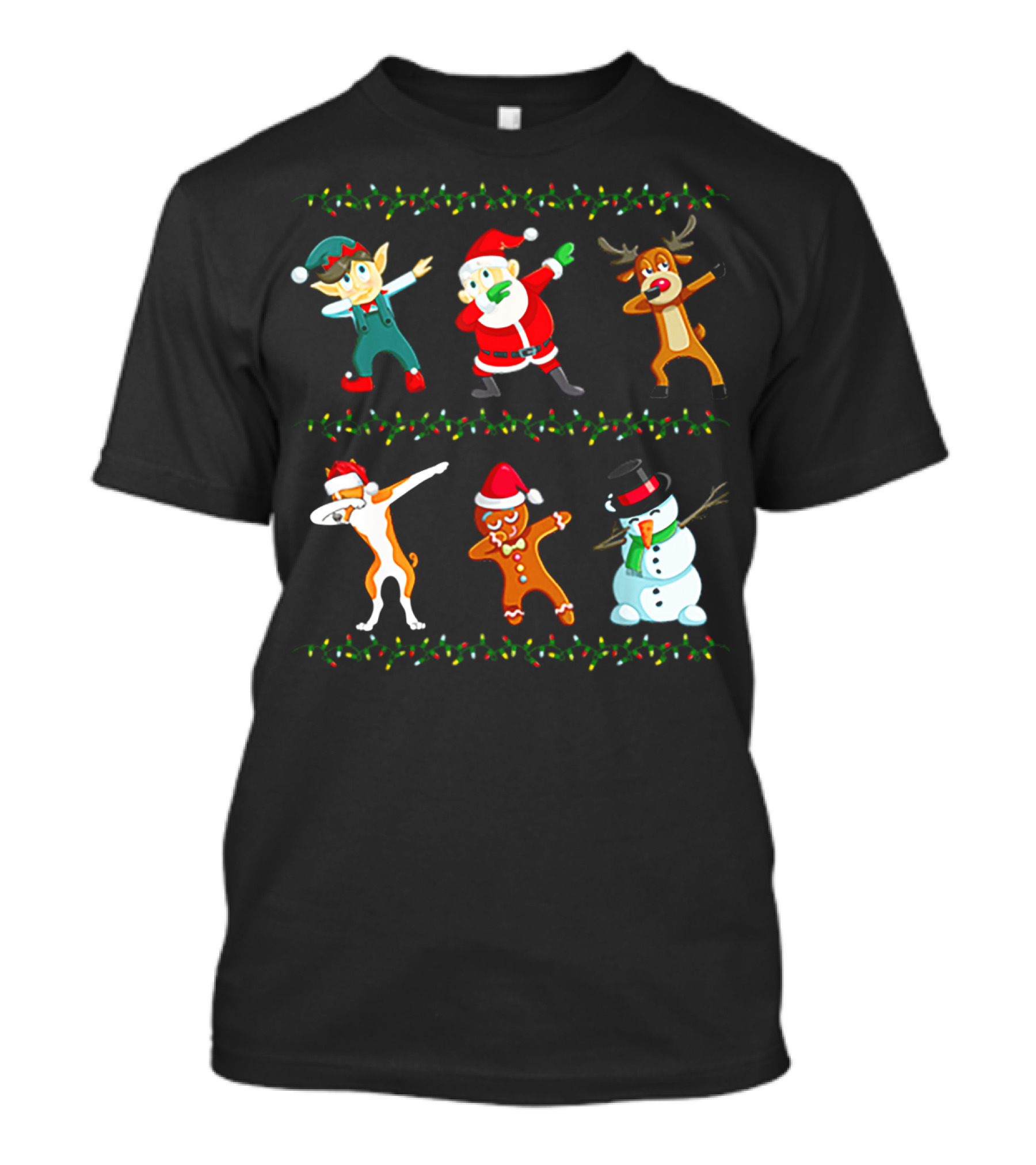 Dabbing Santa Basenji Elf Reindeer Gingerbread Snowman Christmas Lights T-Shirt