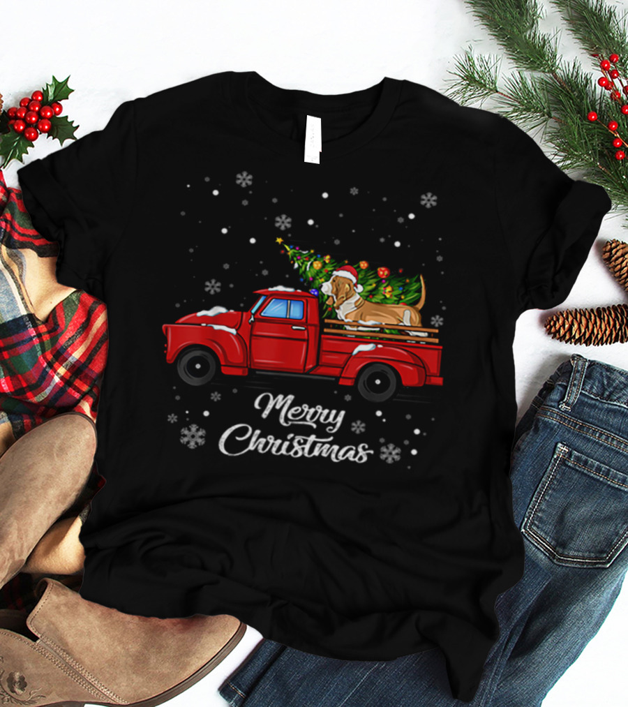 Merry Christmas Basset Hound With Santa Hat On Red Truck With Christmas Tree And Snowflakes T-Shirt