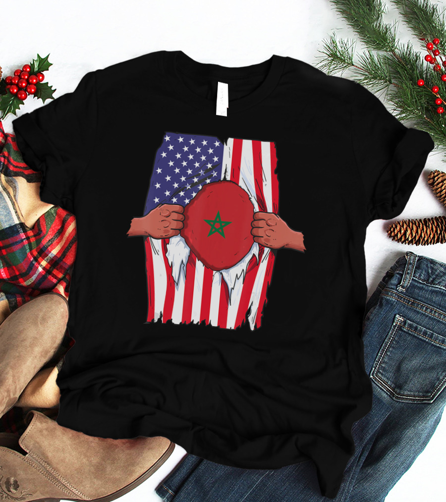Morocco Flag Inside American Flag Home Pride Moroccan T-Shirt