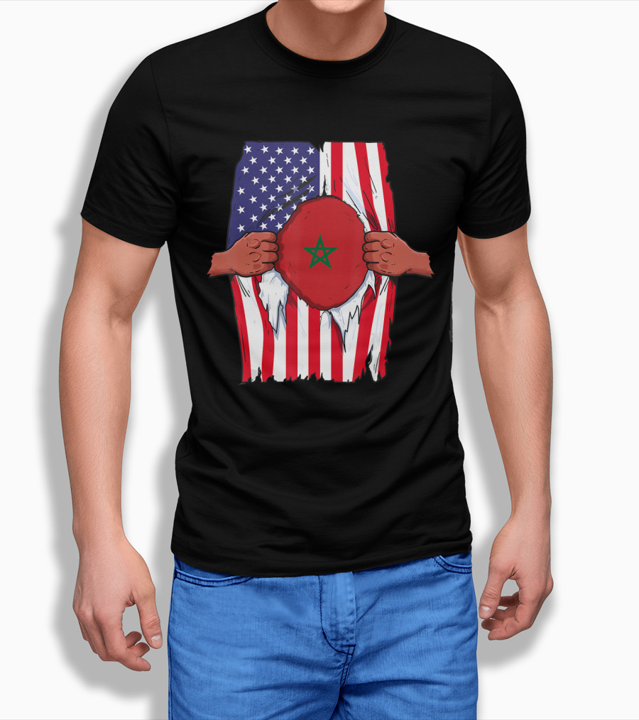 Morocco Flag Inside American Flag Home Pride Moroccan T-Shirt