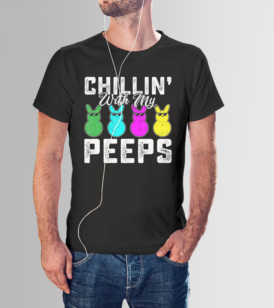 Chillin' With My Peeps Green Blue Pink Yellow Bunnies Wearing Sunglasses T-Shirt