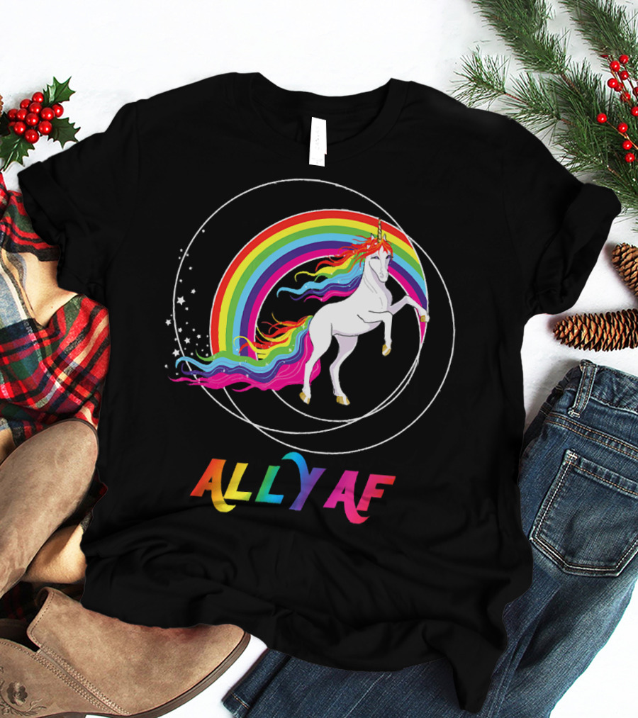 Rainbow Pride Ally AF Unicorn With Rainbow Pride Flag Colors T-Shirt