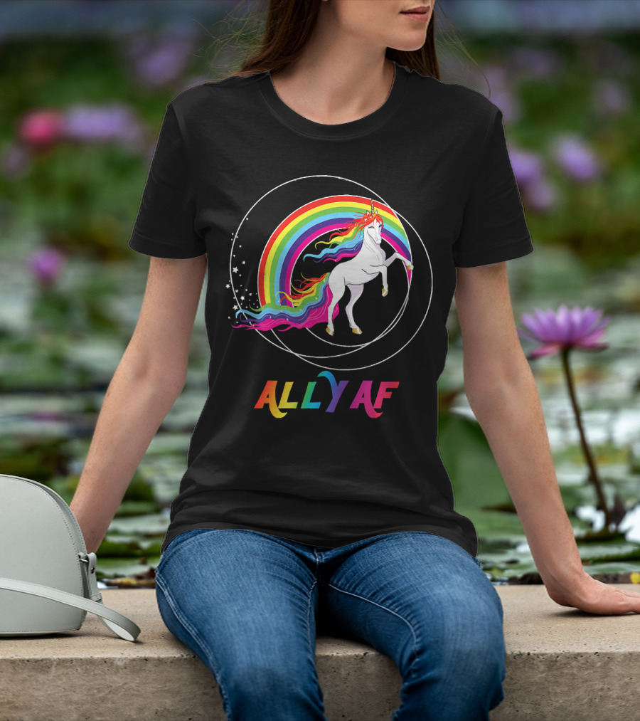 Rainbow Pride Ally AF Unicorn With Rainbow Pride Flag Colors T-Shirt
