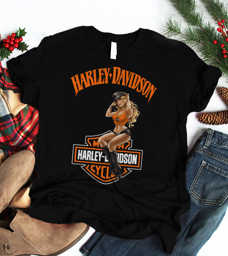 Harley Davidson Motorcycles Logo With Pin-Up Girl T-Shirt