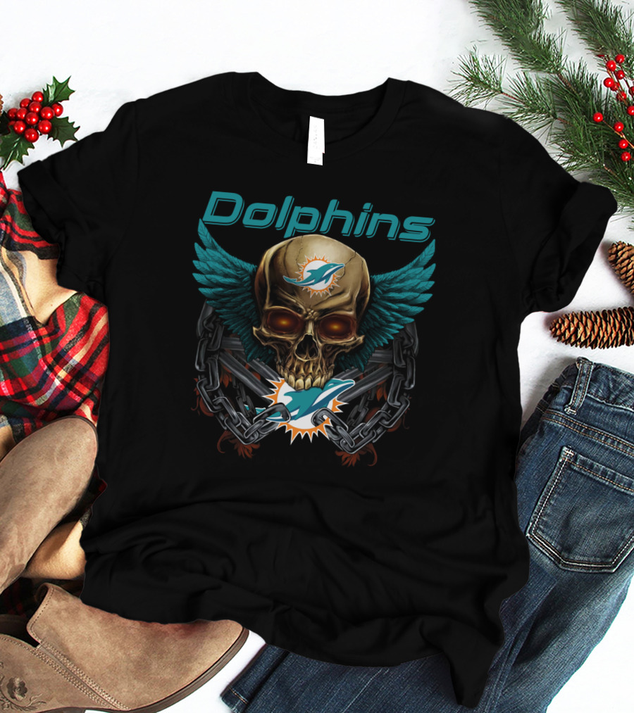Dolphins Skull Logo With Wings And Chains T-Shirt