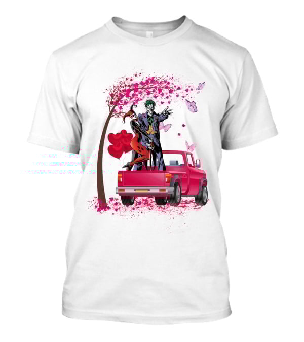 Harley Quinn And Joker Standing On Red Truck With Hearts And Butterflies T-Shirt