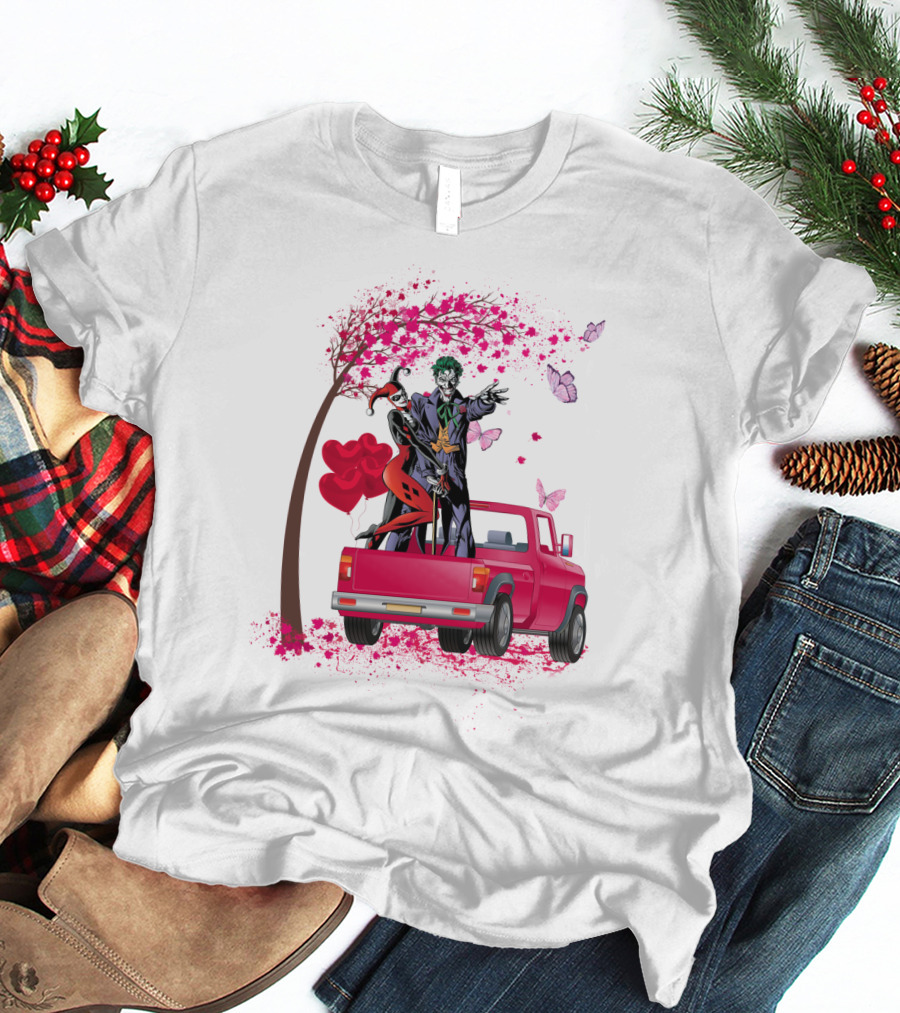 Harley Quinn And Joker Standing On Red Truck With Hearts And Butterflies T-Shirt