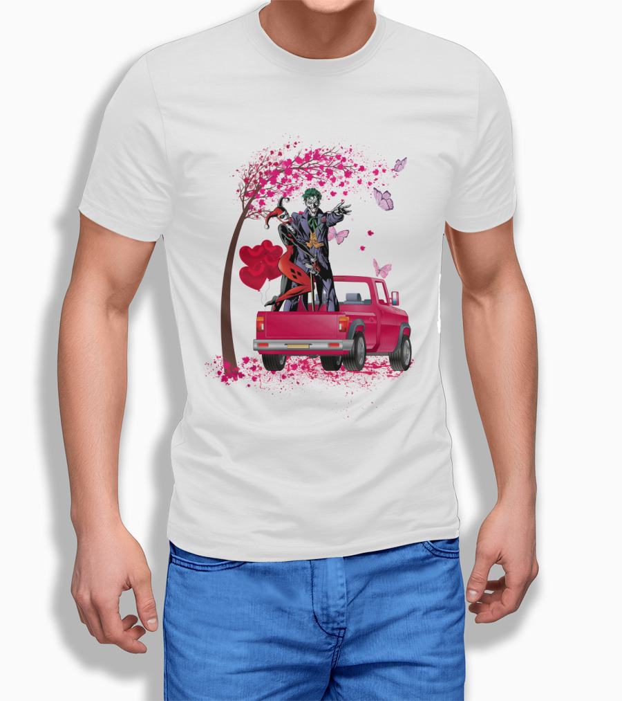 Harley Quinn And Joker Standing On Red Truck With Hearts And Butterflies T-Shirt
