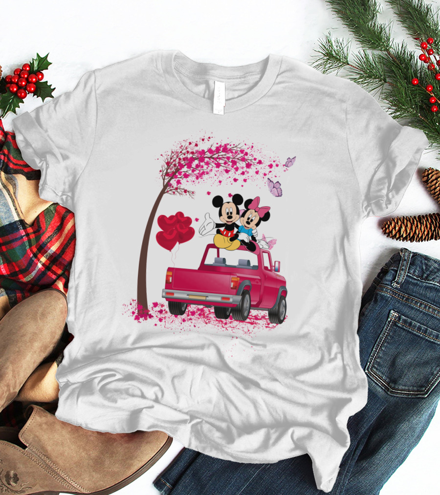 Mickey Minnie Mouse Red Truck Pink Heart Balloons T-Shirt