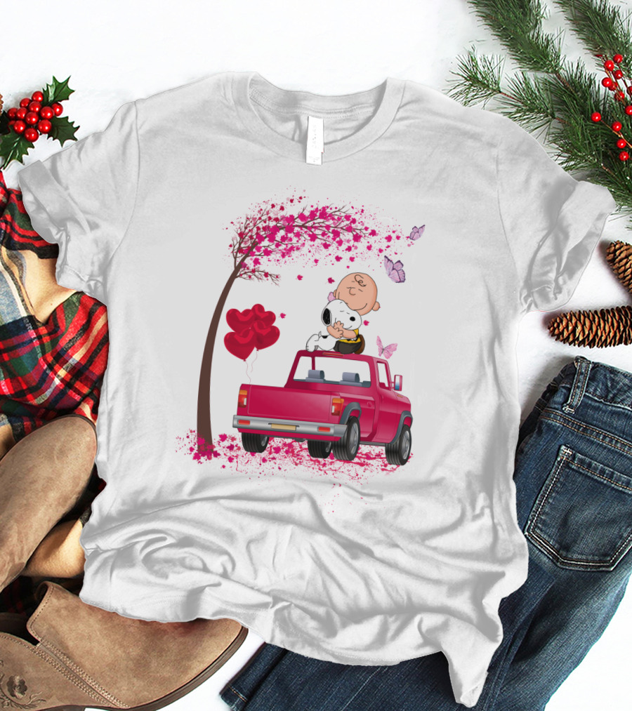Snoopy Charlie Brown Red Truck Hearts Butterflies Tree T-Shirt