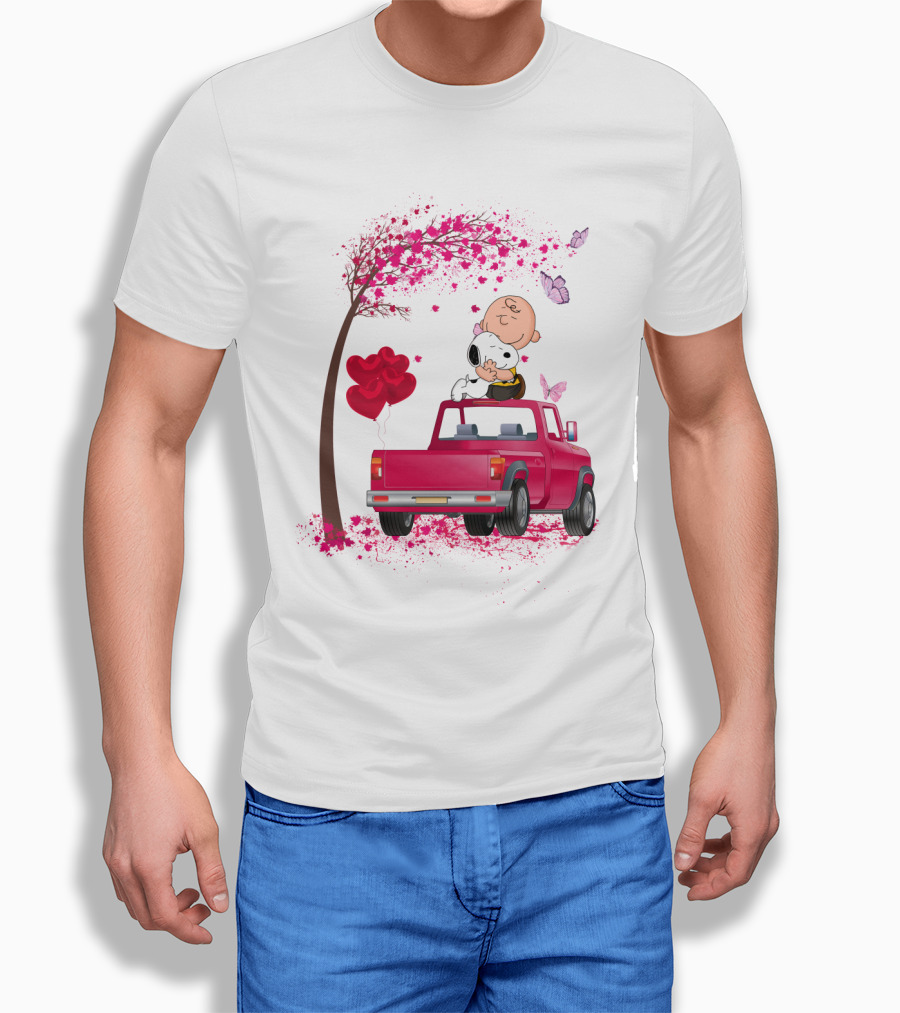 Snoopy Charlie Brown Red Truck Hearts Butterflies Tree T-Shirt