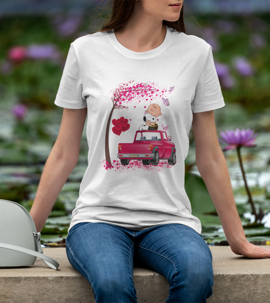 Snoopy Charlie Brown Red Truck Hearts Butterflies Tree T-Shirt