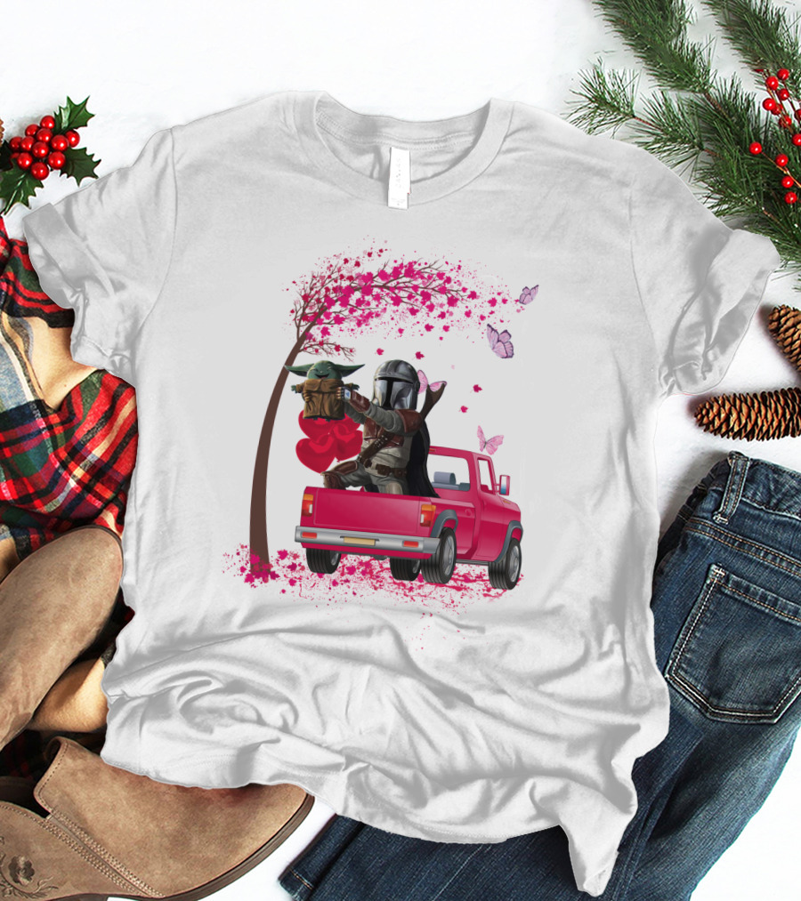 The Mandalorian With Yoda In Pink Truck Valentine Theme T-Shirt