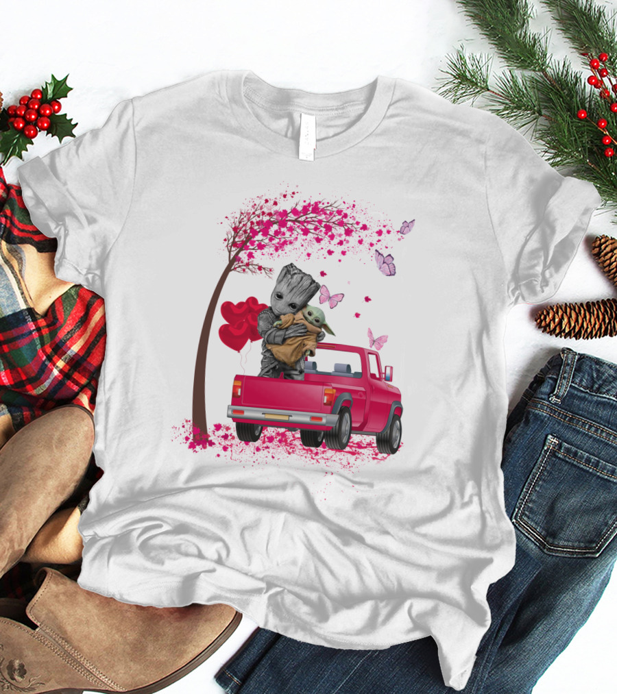 Groot And Yoda In Red Truck With Heart Balloons And Butterflies T-Shirt