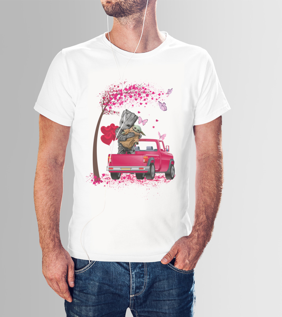 Groot And Yoda In Red Truck With Heart Balloons And Butterflies T-Shirt