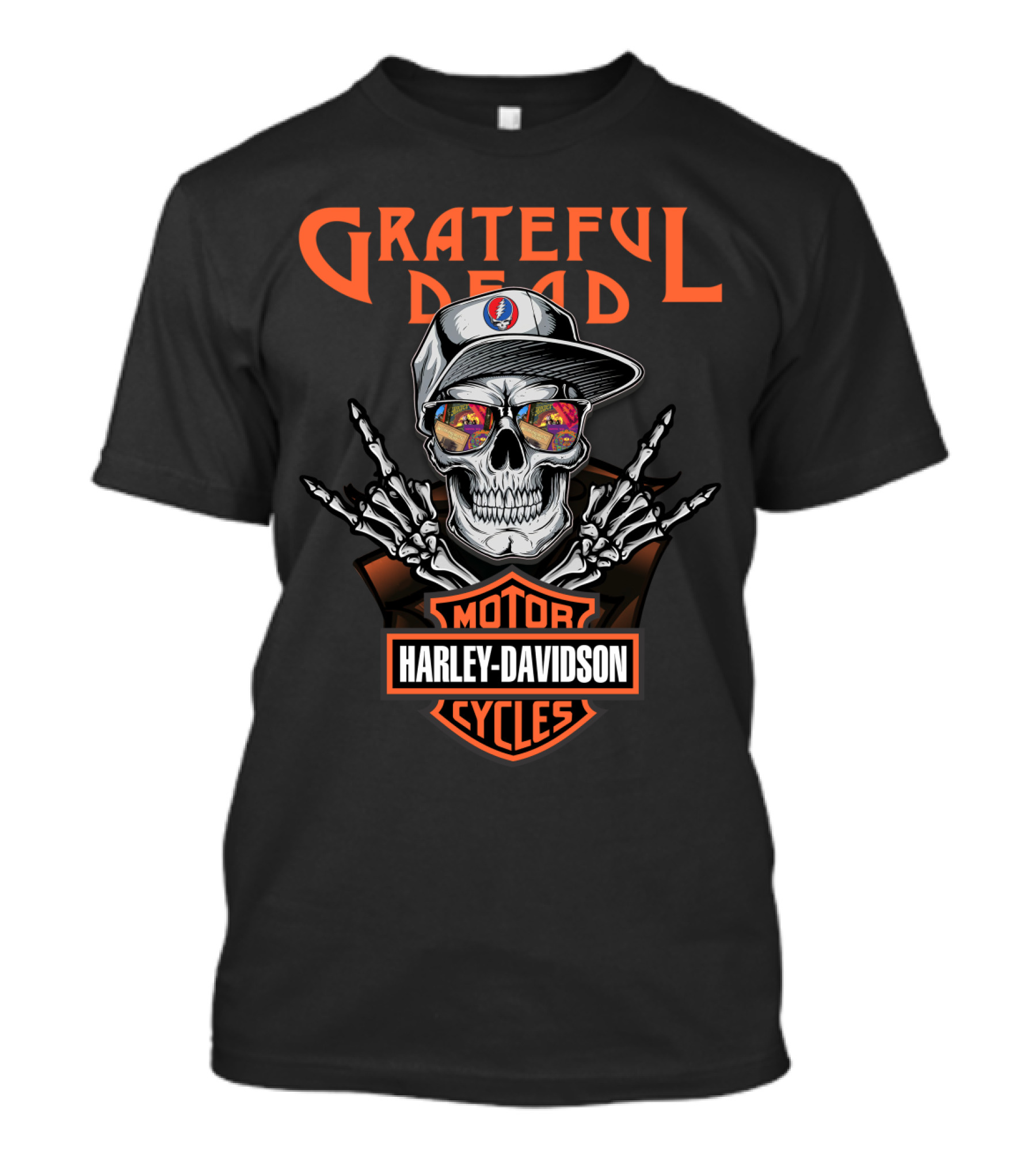 Grateful Dead Harley Davidson Skull With Steal Your Face Hat And Skeleton Hands T-Shirt
