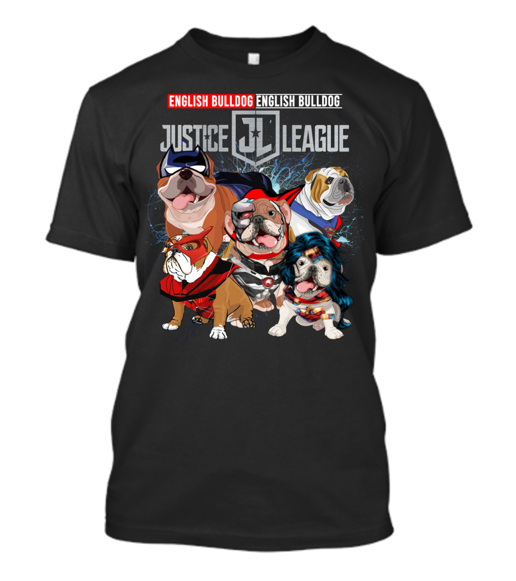 Justice League English Bulldog Superhero Team DH 55 T-Shirt