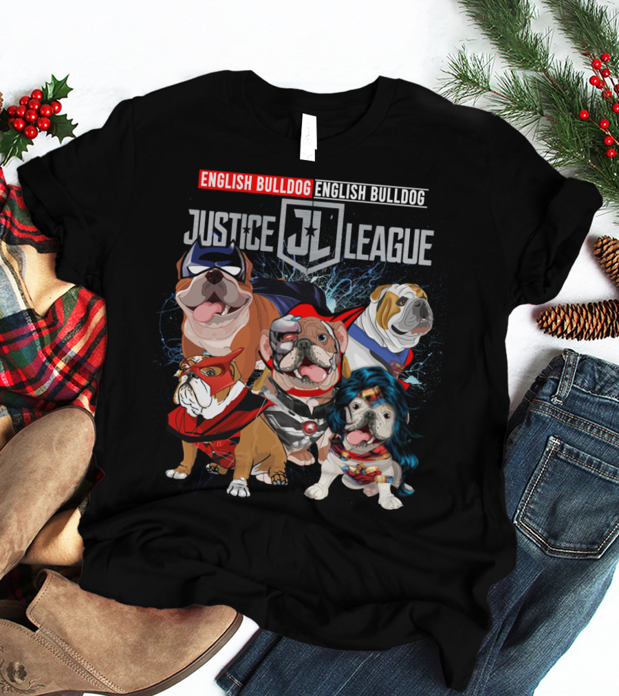 Justice League English Bulldog Superhero Team DH 55 T-Shirt