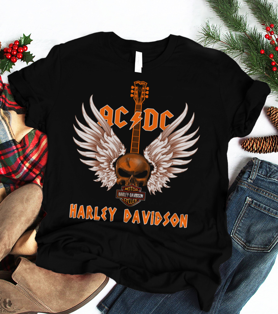 Ac Dc Harley Davidson Motor Cycles Skull Wings Guitar T-Shirt