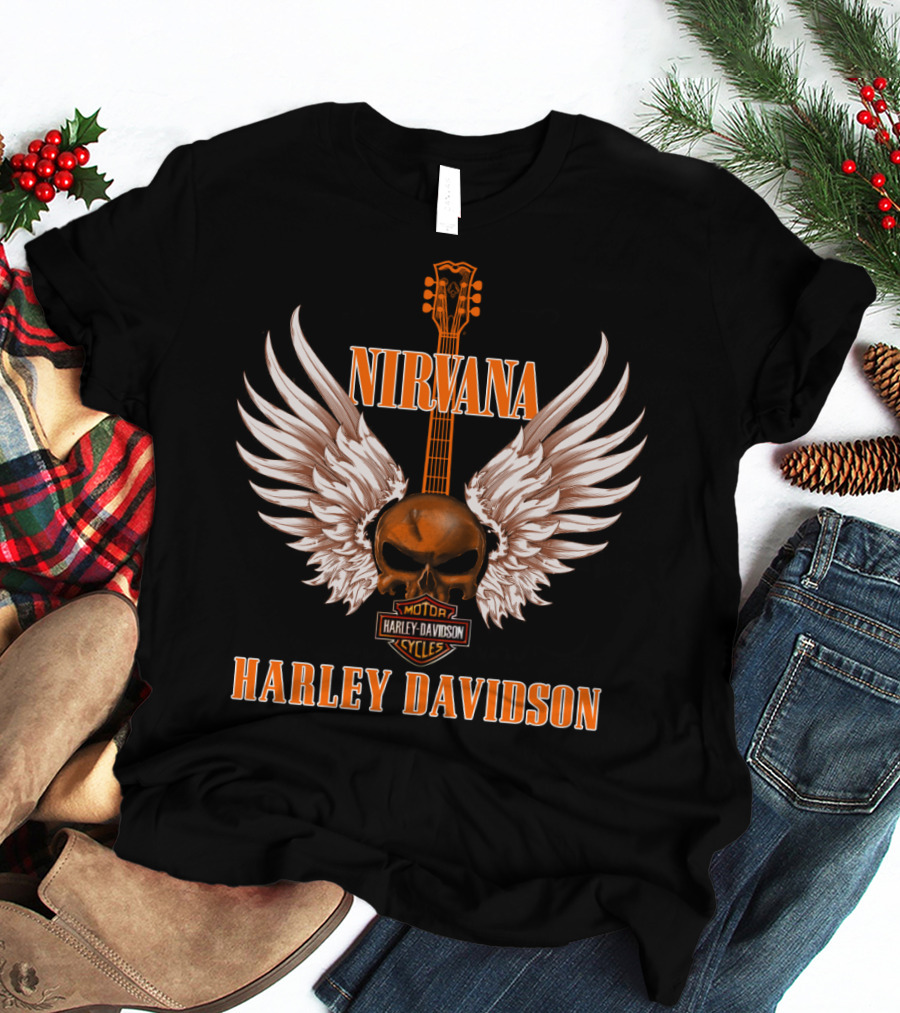 Nirvana Harley Davidson Skull Wing Guitar T-Shirt