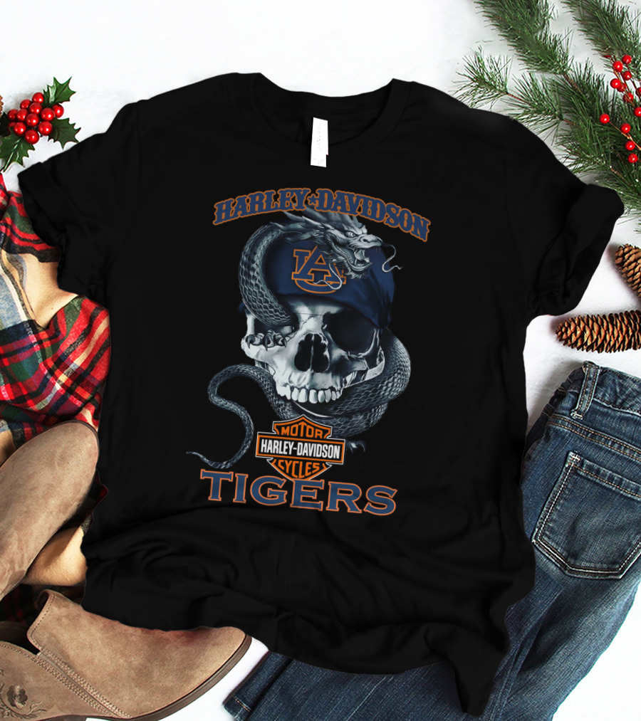 Harley Davidson Motor Cycles Auburn Tigers Skull Serpent T-Shirt