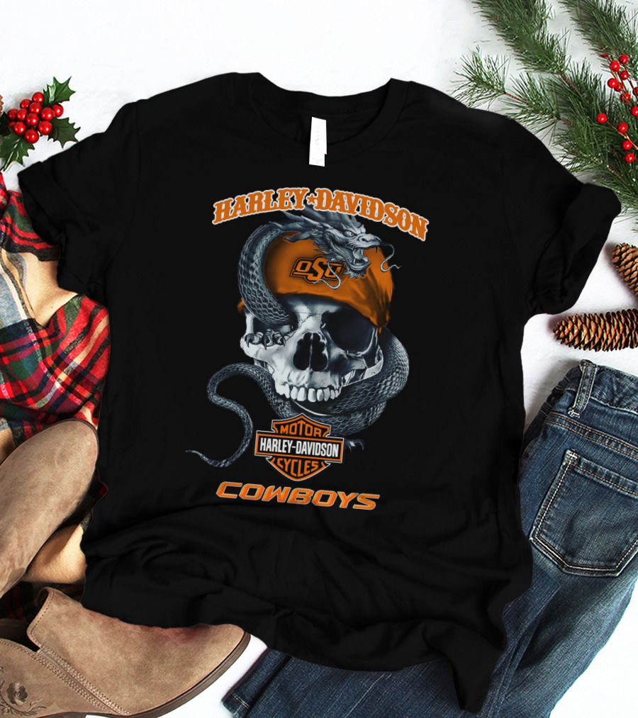 Harley Davidson Motor Cycles Osu Skull Cowboy Oklahoma State Cowboys T-Shirt