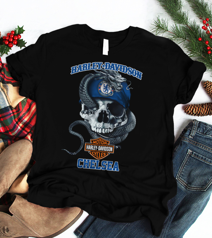 Harley Davidson Motor Cycles Chelsea Football Club Skull Snake T-Shirt