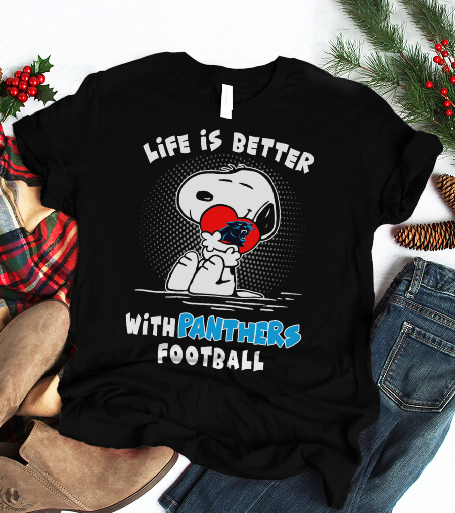 Life Is Better With Panthers Football Snoopy Hugging Heart T-Shirt