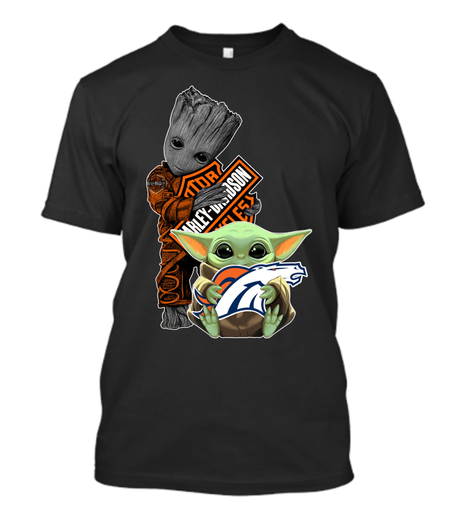Harley Davidson Groot Baby Yoda Denver Broncos Nfl Collaboration T-Shirt