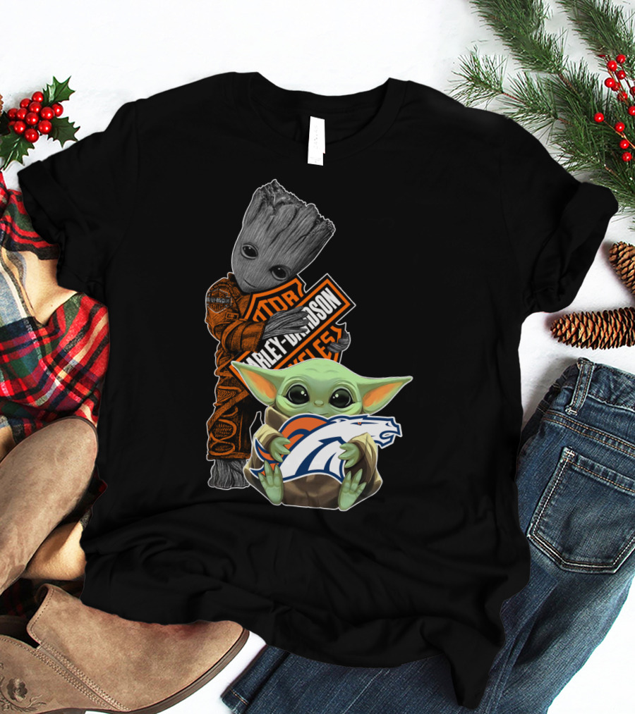 Harley Davidson Groot Baby Yoda Denver Broncos Nfl Collaboration T-Shirt
