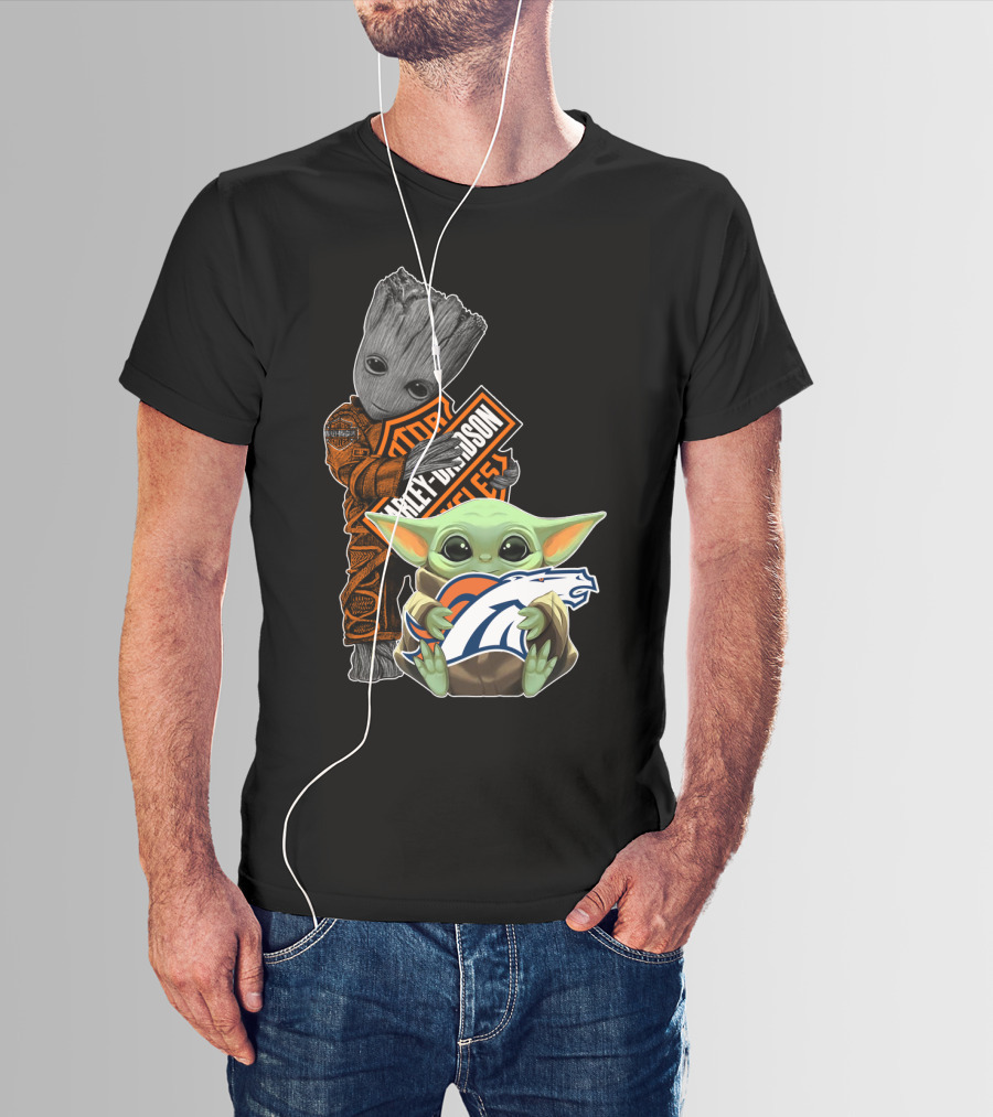 Harley Davidson Groot Baby Yoda Denver Broncos Nfl Collaboration T-Shirt