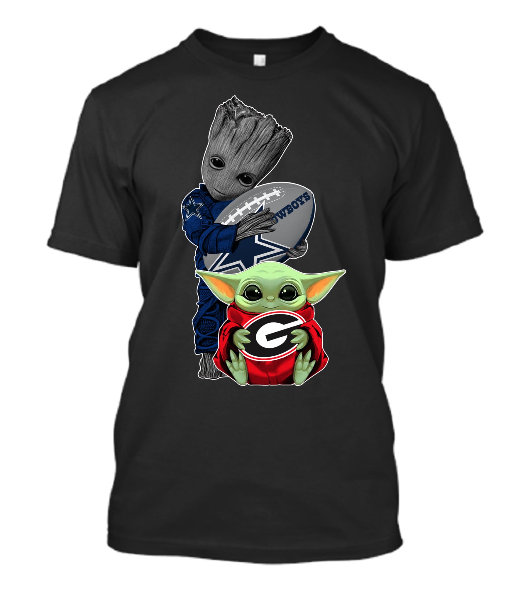 Cowboys Groot Football With Bulldogs Baby Yoda In Georgia Red T-Shirt