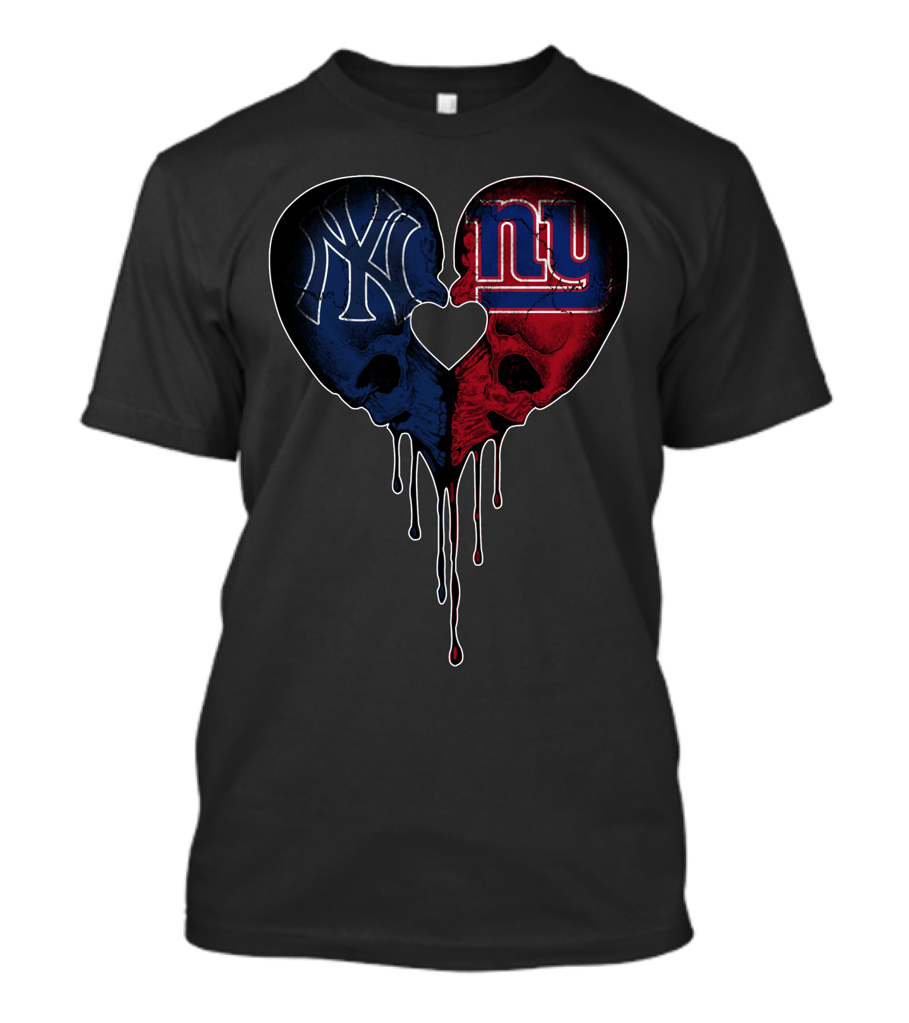 Yankees Giants Heart Skull Dripping Logos Blue Red Black T-Shirt