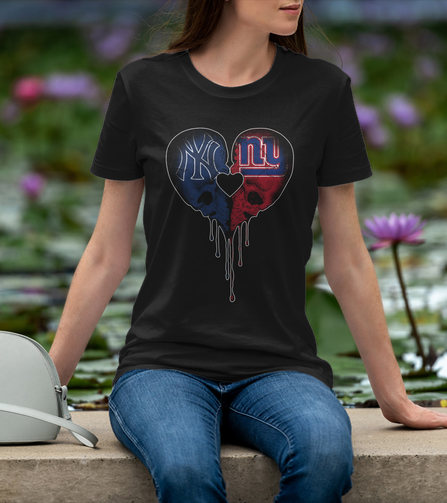 Yankees Giants Heart Skull Dripping Logos Blue Red Black T-Shirt