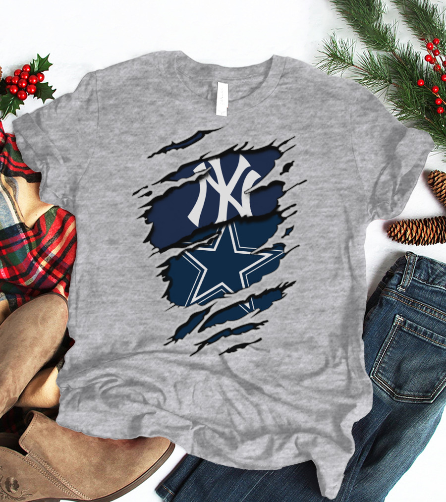 Cowboys Yankees Logo Mashup On Torn Background Gray T-Shirt