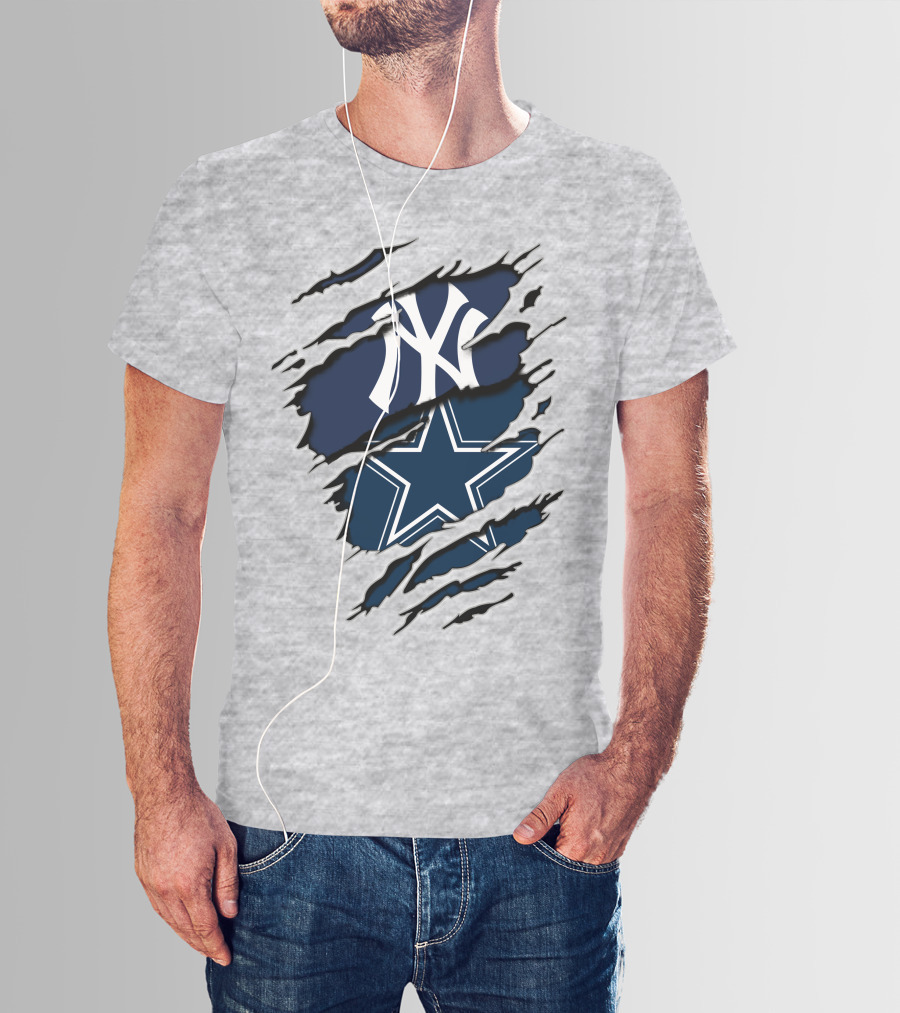 Cowboys Yankees Logo Mashup On Torn Background Gray T-Shirt