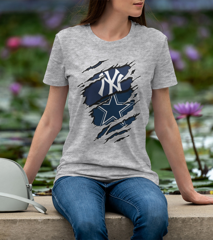 Cowboys Yankees Logo Mashup On Torn Background Gray T-Shirt