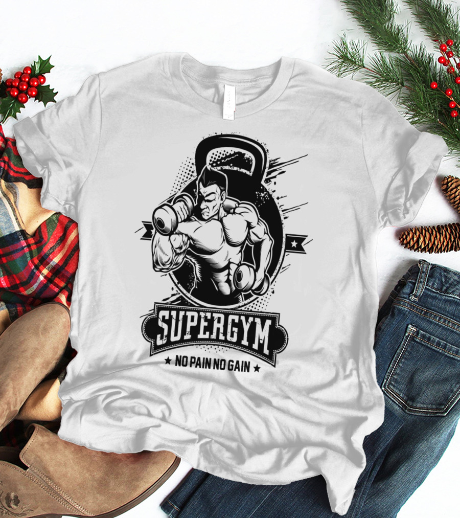 Supergym No Pain No Gain Bodybuilder Kettlebell Workout T-Shirt
