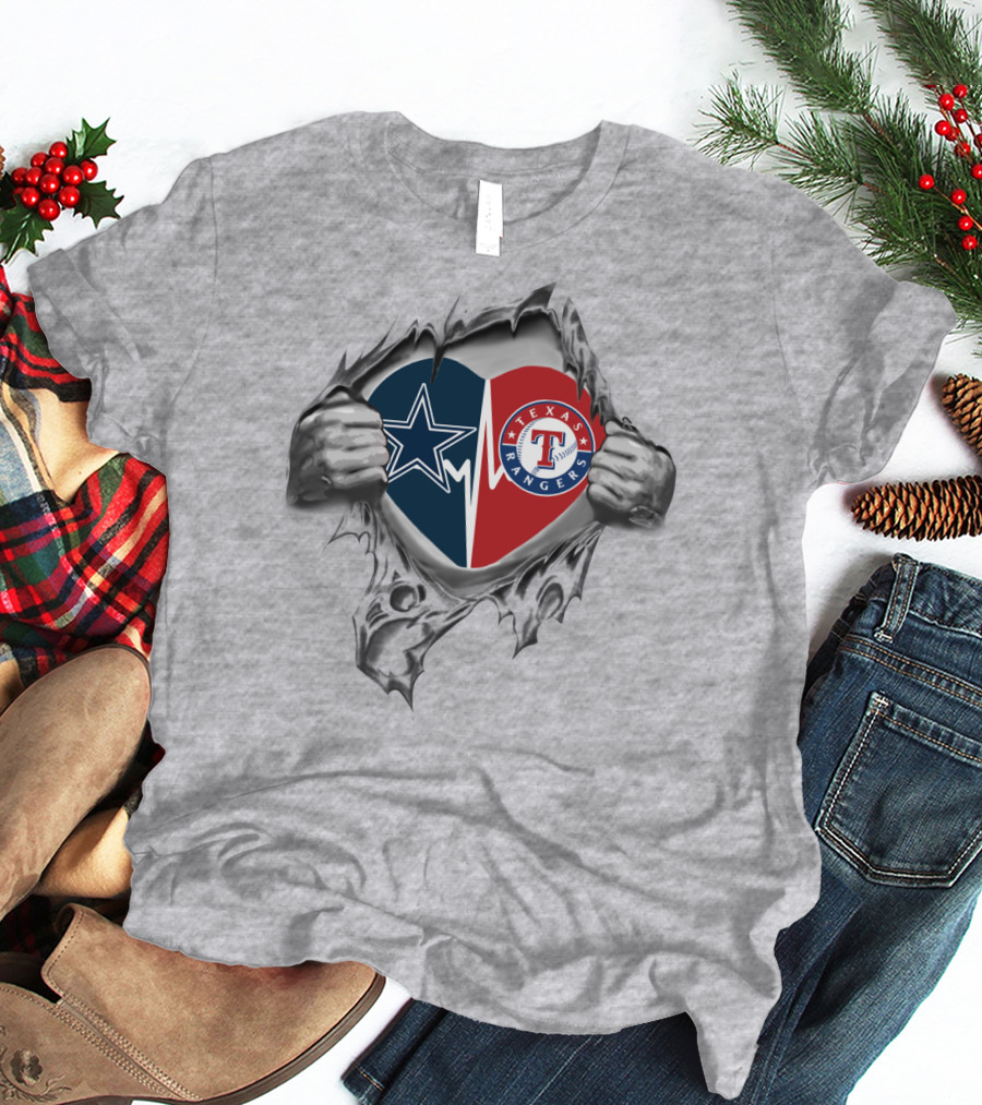 Texas Cowboys Rangers Heart Symbol Dual Allegiance T-Shirt