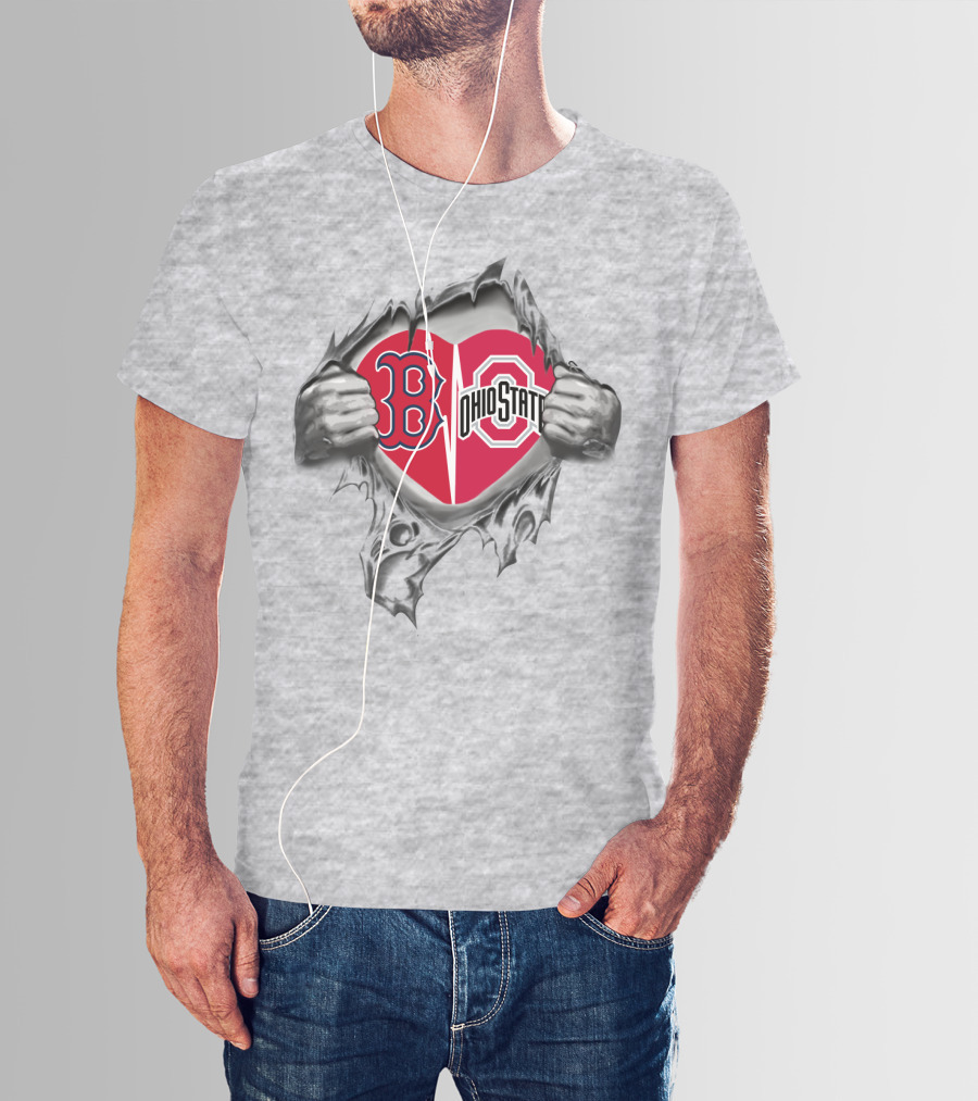 Boston Red Sox Ohio State Scarlet And Gray Heart Emblem Peeling Hands T-Shirt