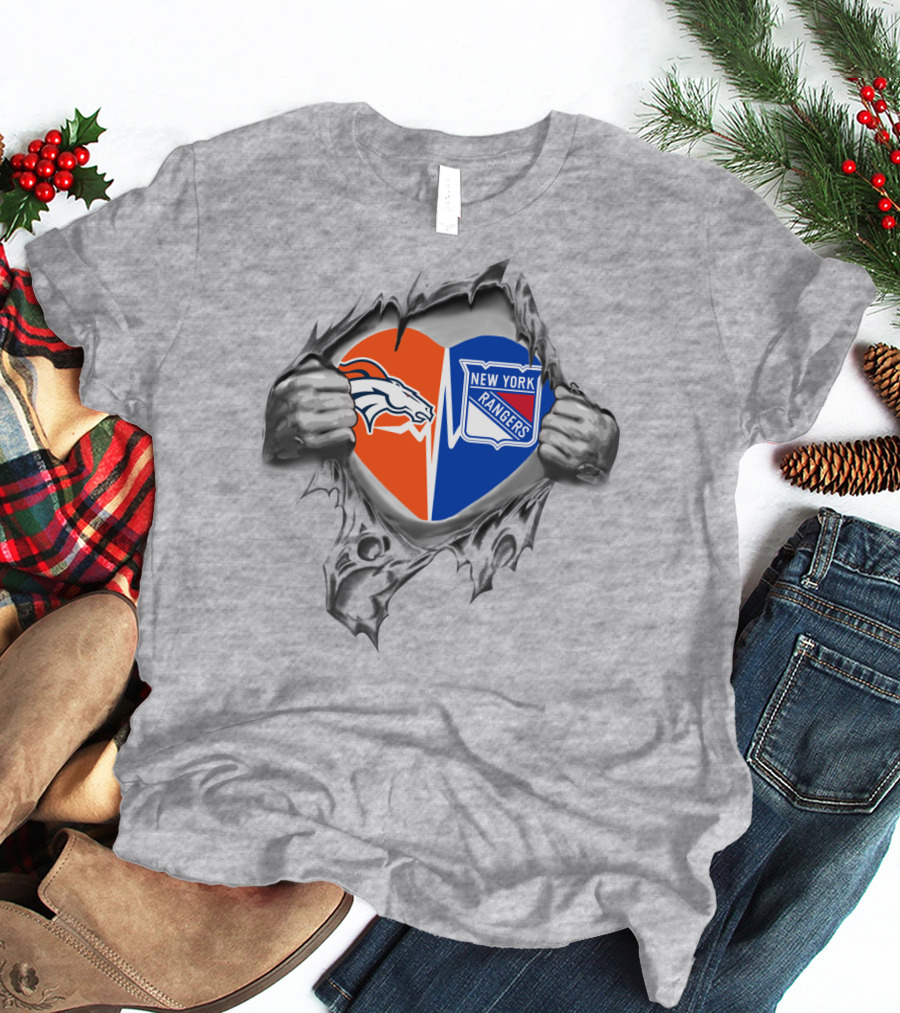 Broncos New York Rangers Heart Inside Tearing Through T-Shirt