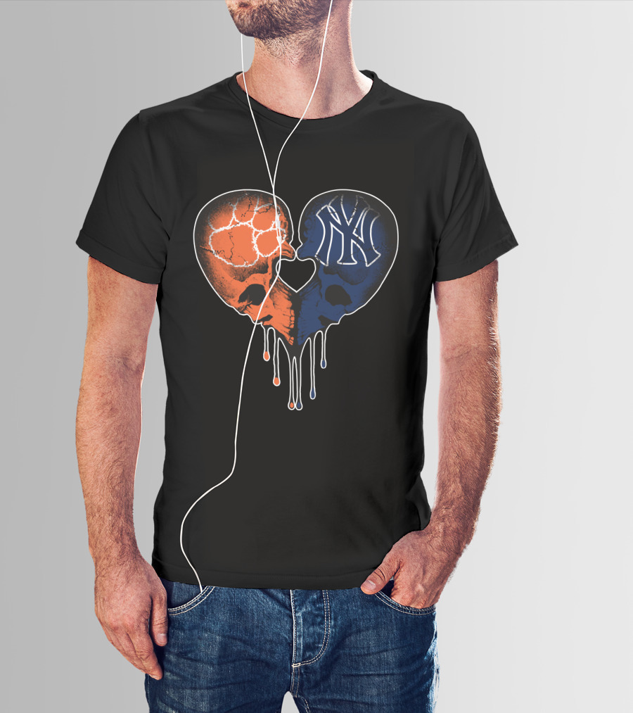Clemson Tigers Skull And Yankees Skull Heart Love T-Shirt