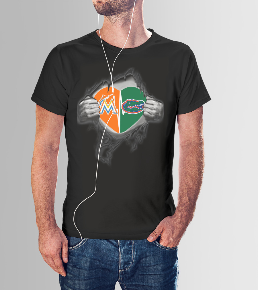 Marlins Gators Heart Split Logo Combo T-Shirt